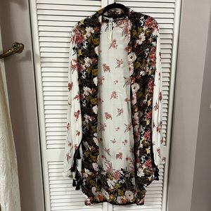 Free People Anthropology Kimono Cream Black Coral Floral Boho Long NWOT.